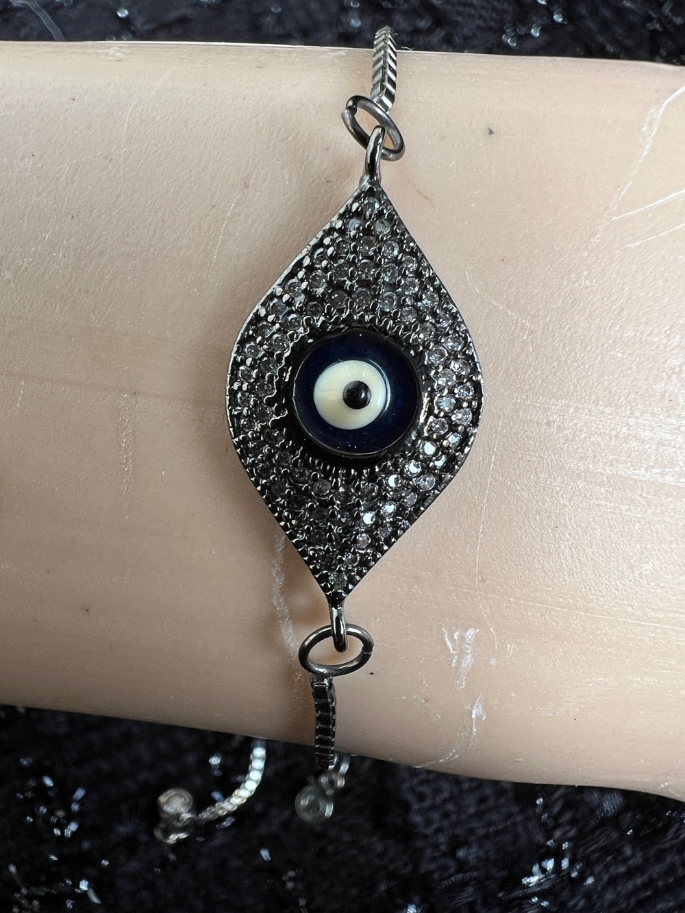 Evil Eye Pavé Sterling Silver Bracelet with Blue and White Enamel